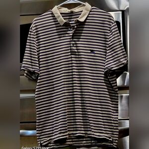 Burberry Navy and Beige Striped Polo